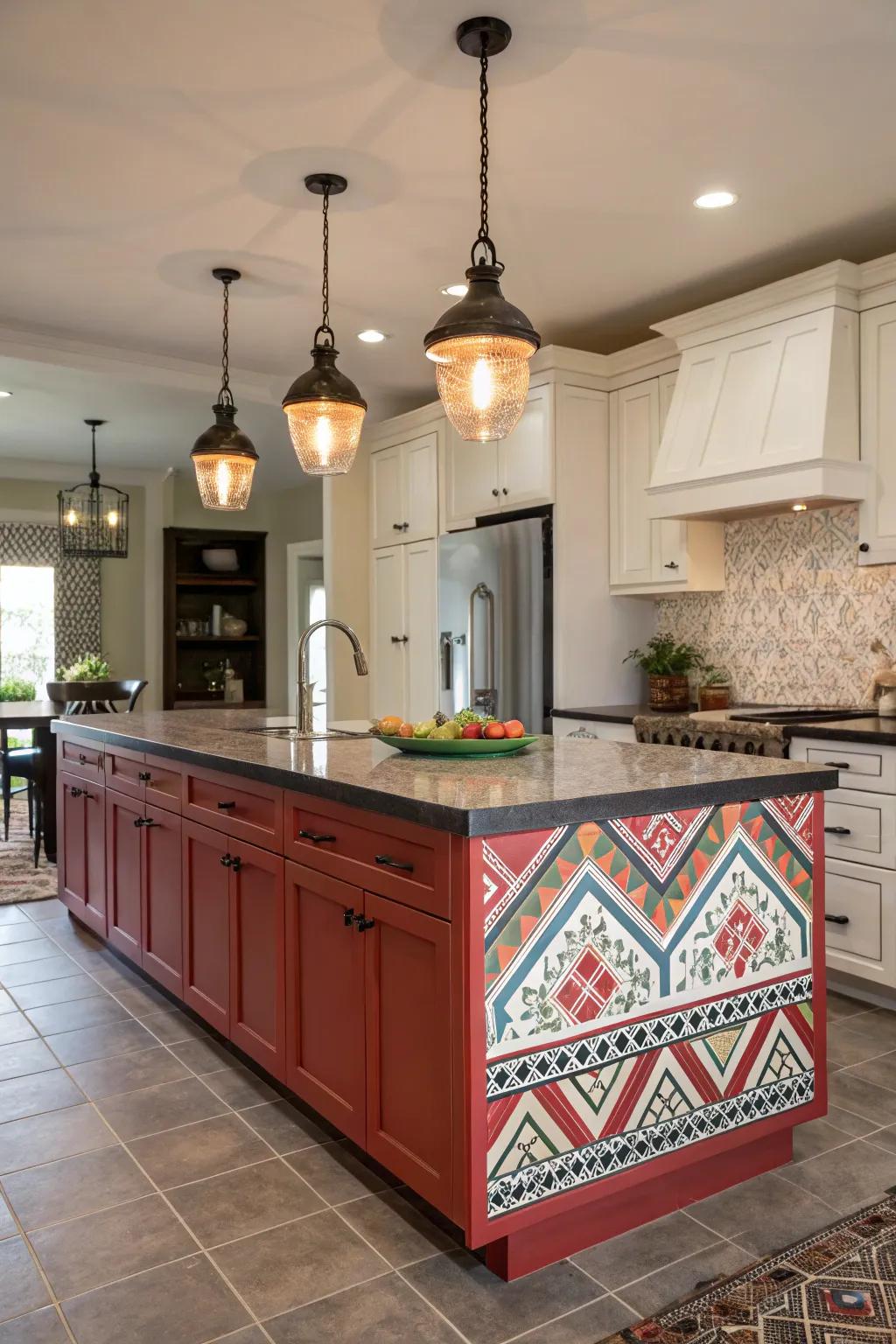 A bold laminate island makes for a stunning kitchen centerpiece.