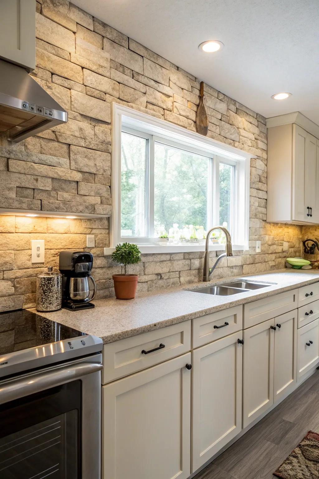 Natural stone-look laminate adds elegance to your kitchen.