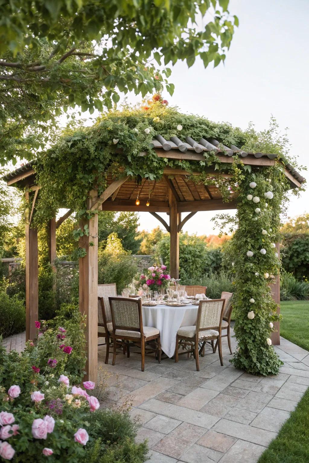 A timber gazebo provides a stylish shelter for outdoor dining.