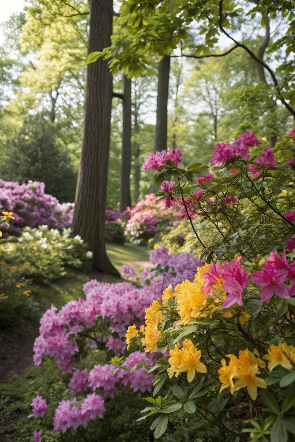 Bright flowers adding color to a shady woodland garden.