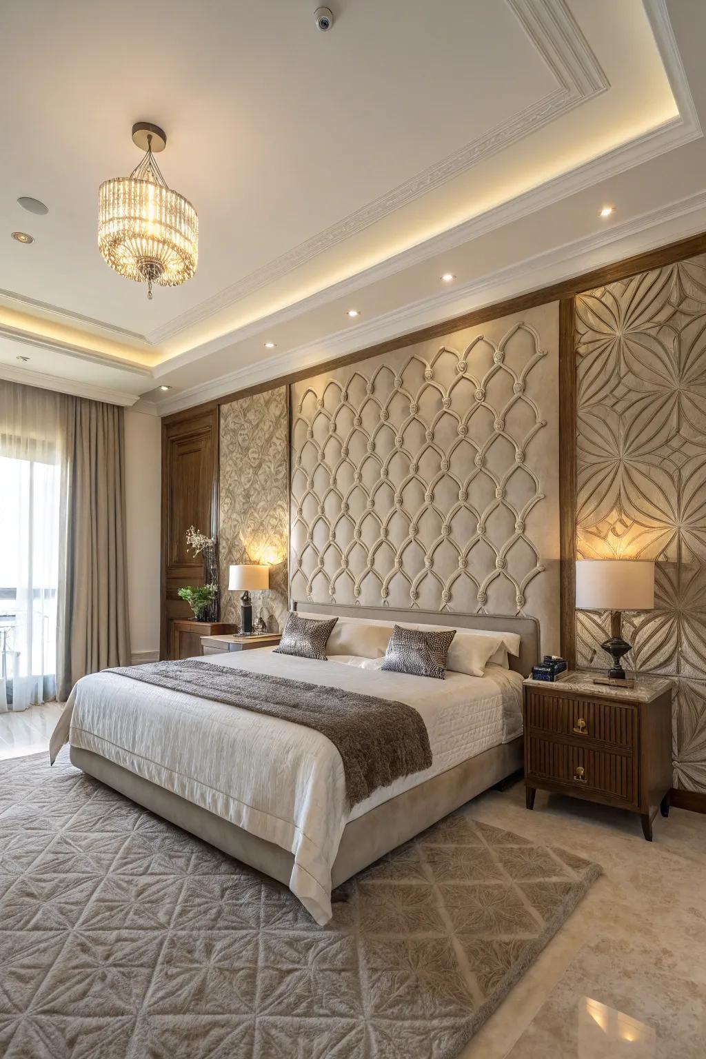 Wall treatments enhance the sophistication and texture of this large bedroom.