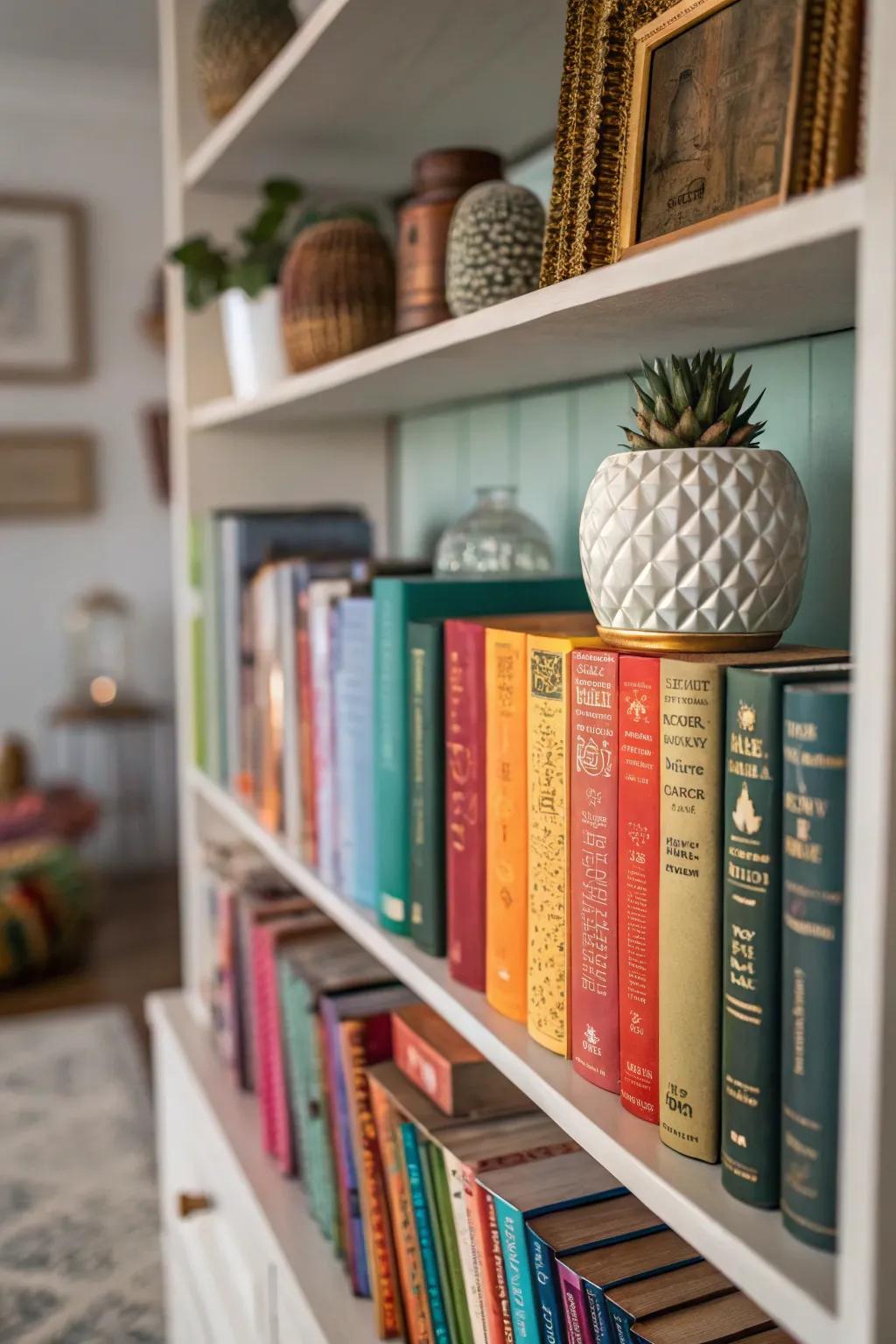 An eclectic arrangement brings vibrancy and personality to this bookshelf.