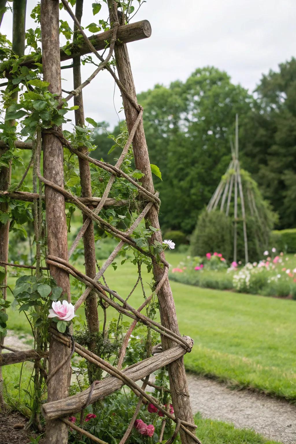 Add rustic charm with a twig and rope lattice.