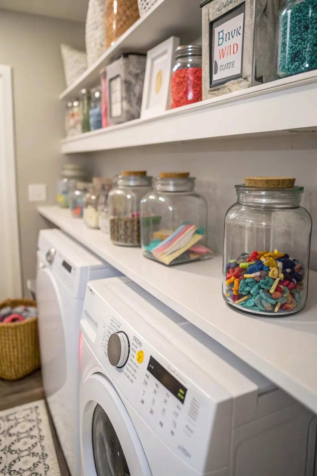 Art pieces amongst jars add a personal touch to the decor.