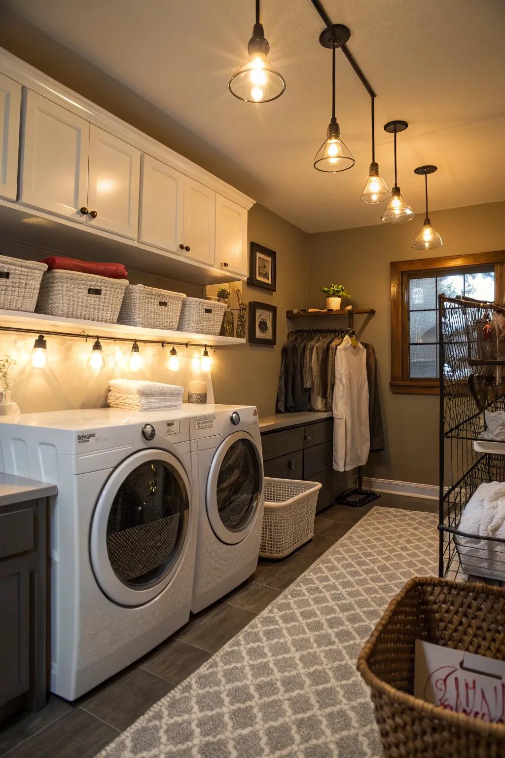 Layered lighting creates depth and warmth in your laundry room.