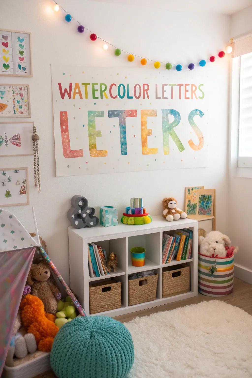 Watercolor letters add a whimsical and artistic touch.