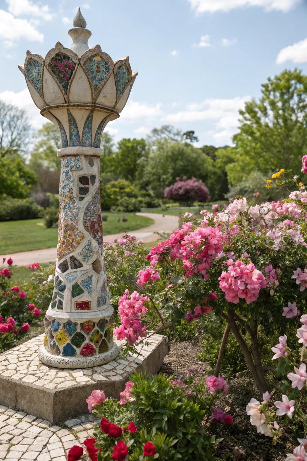 A garden art piece made from plates, celebrating transformation.