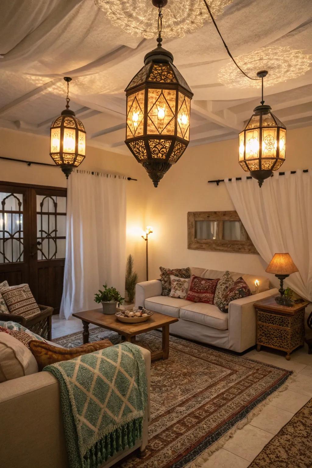 Lantern-style lights provide a warm, nostalgic glow.