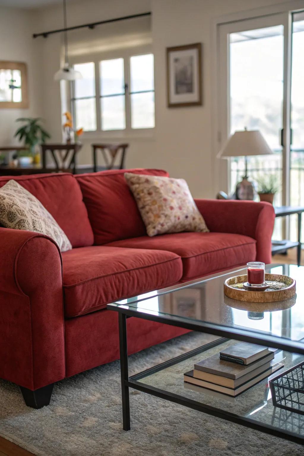 The right coffee table complements your red couch, enhancing the room's overall style.