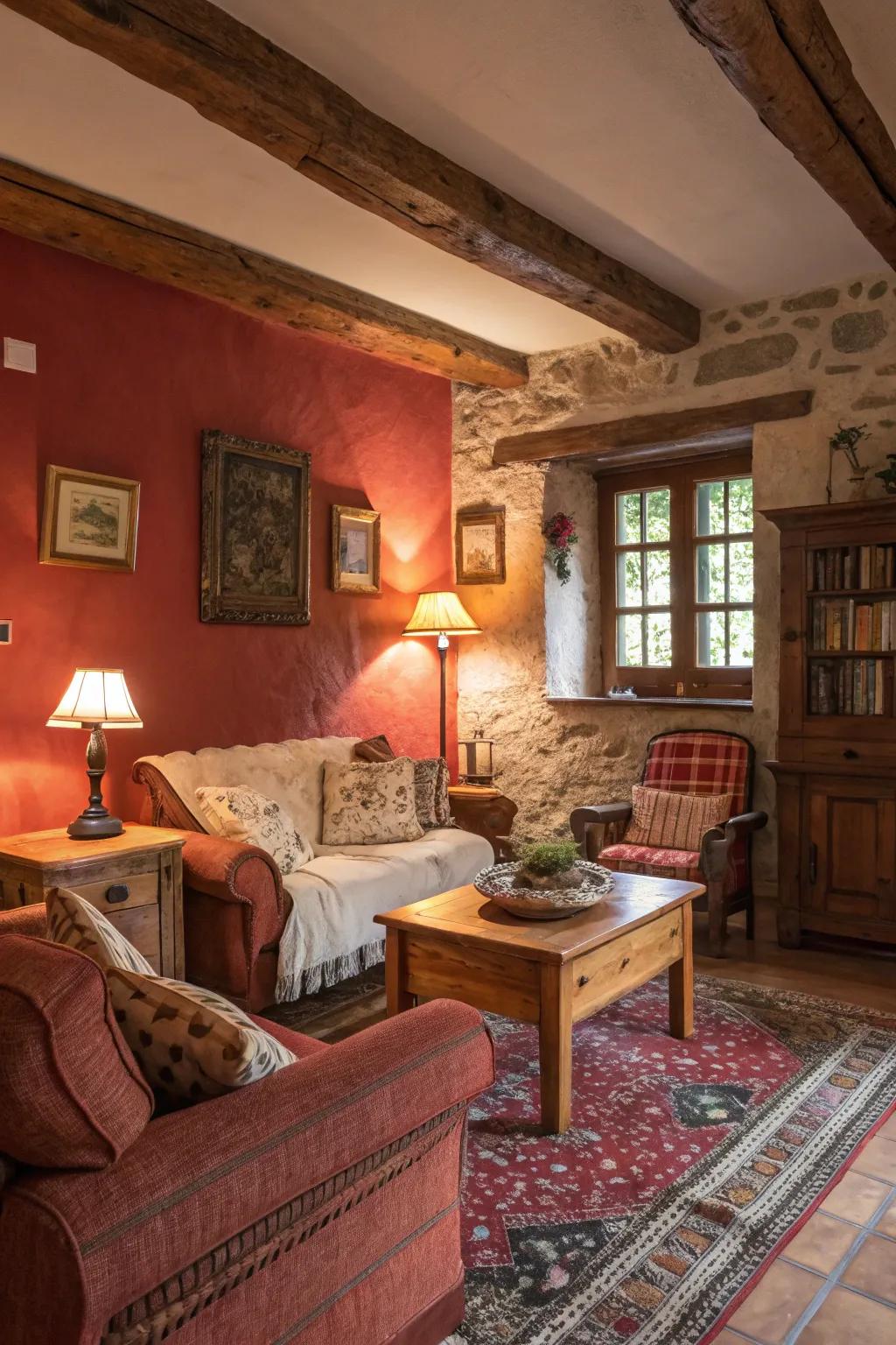 Rustic red for a warm and inviting living room.