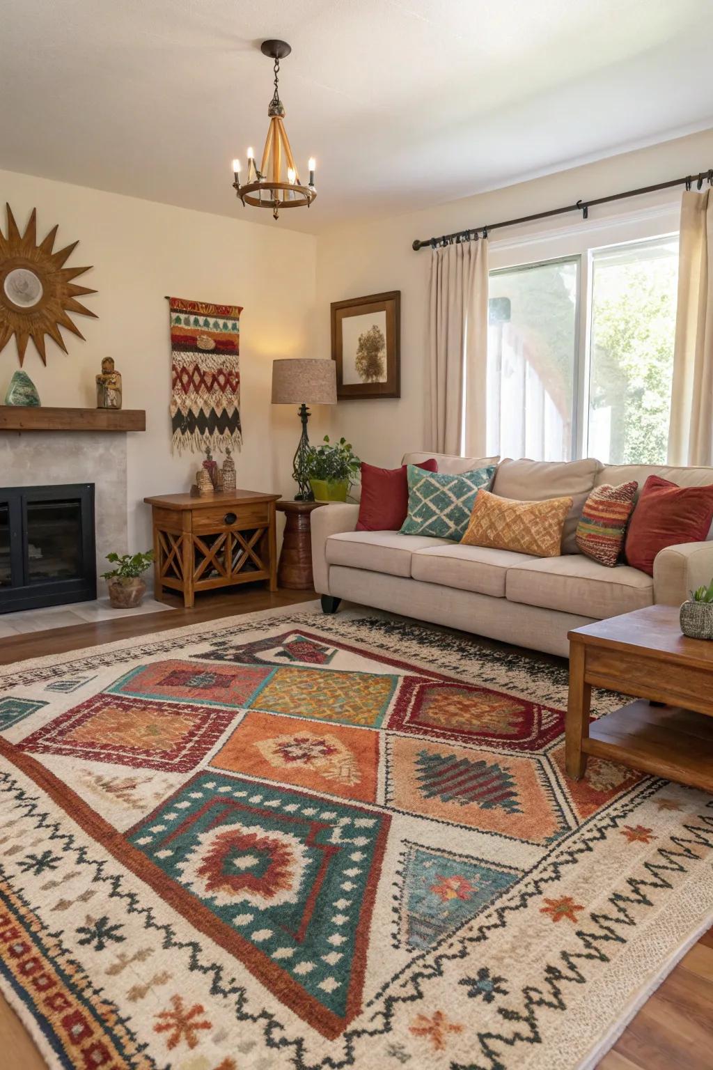 Eclectic rugs reflect personal style with a mix of patterns and textures.