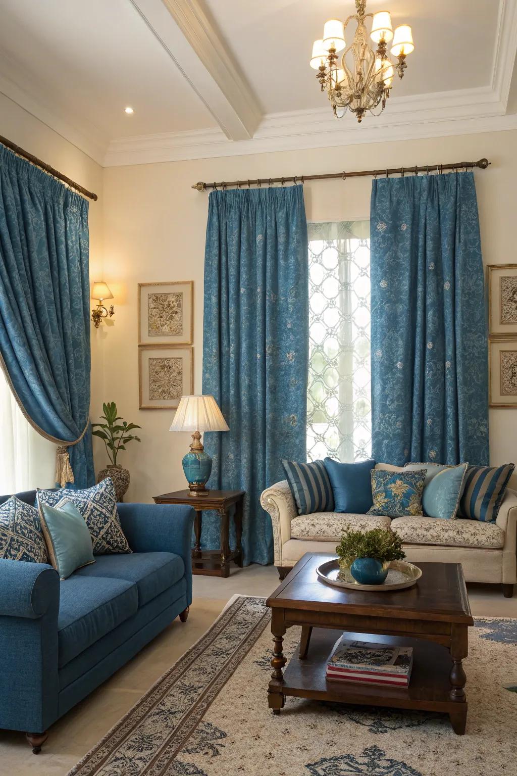 Blue accessories like cushions and throws coordinate with blue curtains, creating a cohesive and polished look.