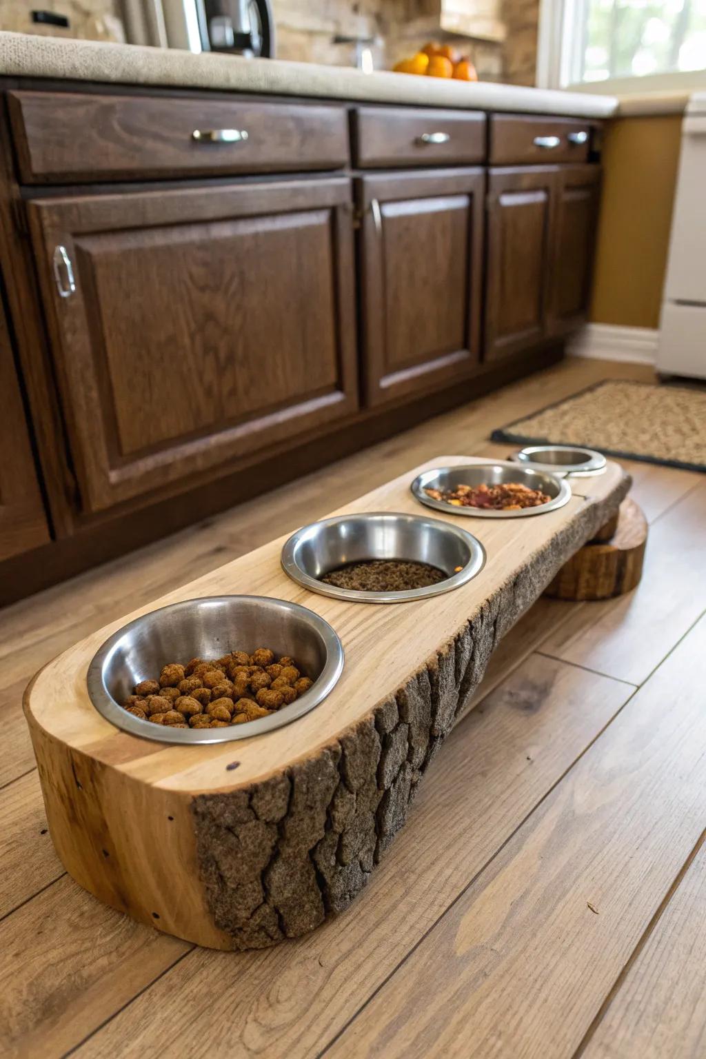 A log-crafted dog bowl holder for a rustic touch.