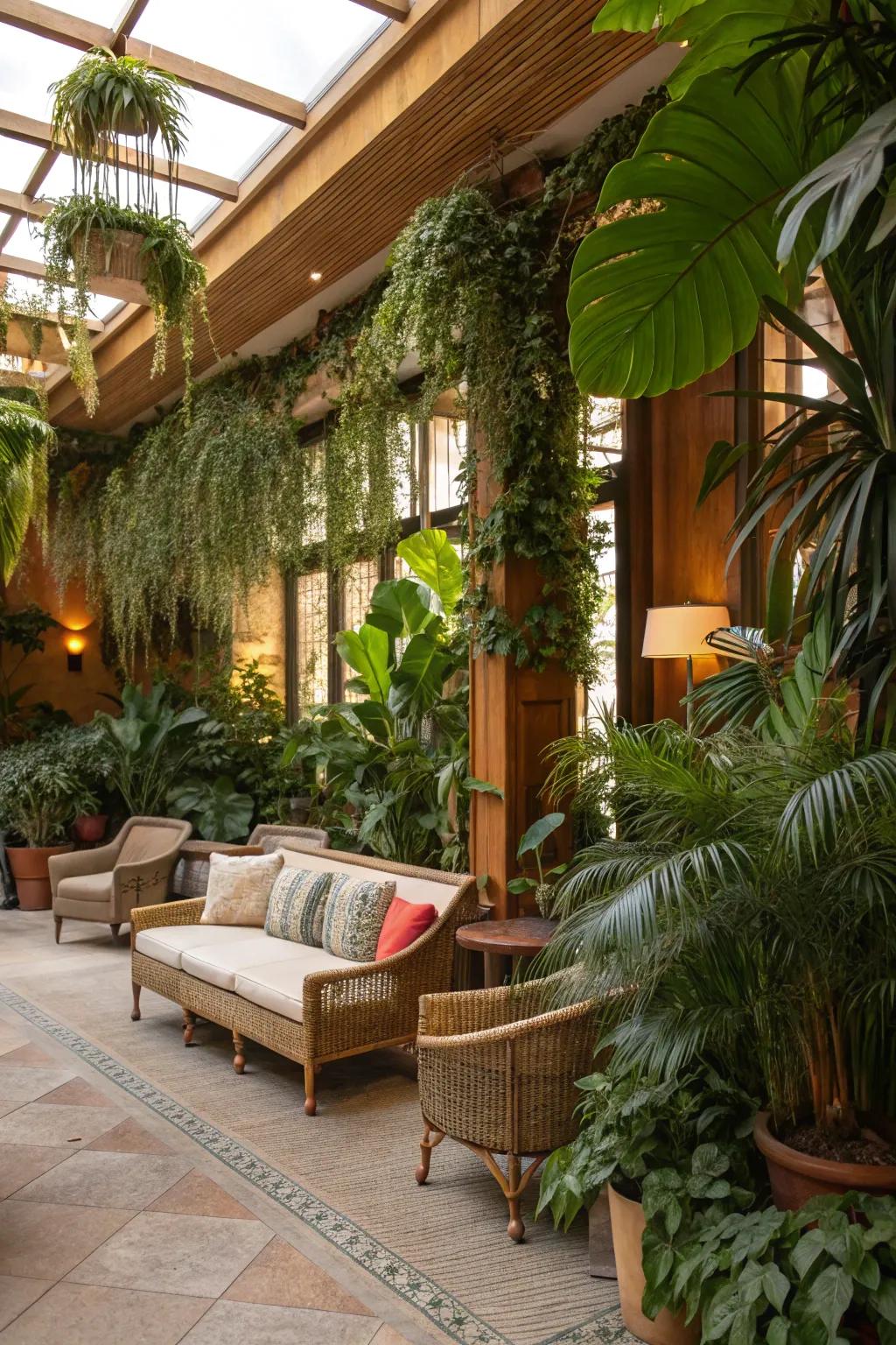 Indoor plants add vitality and a natural touch to the lounge.