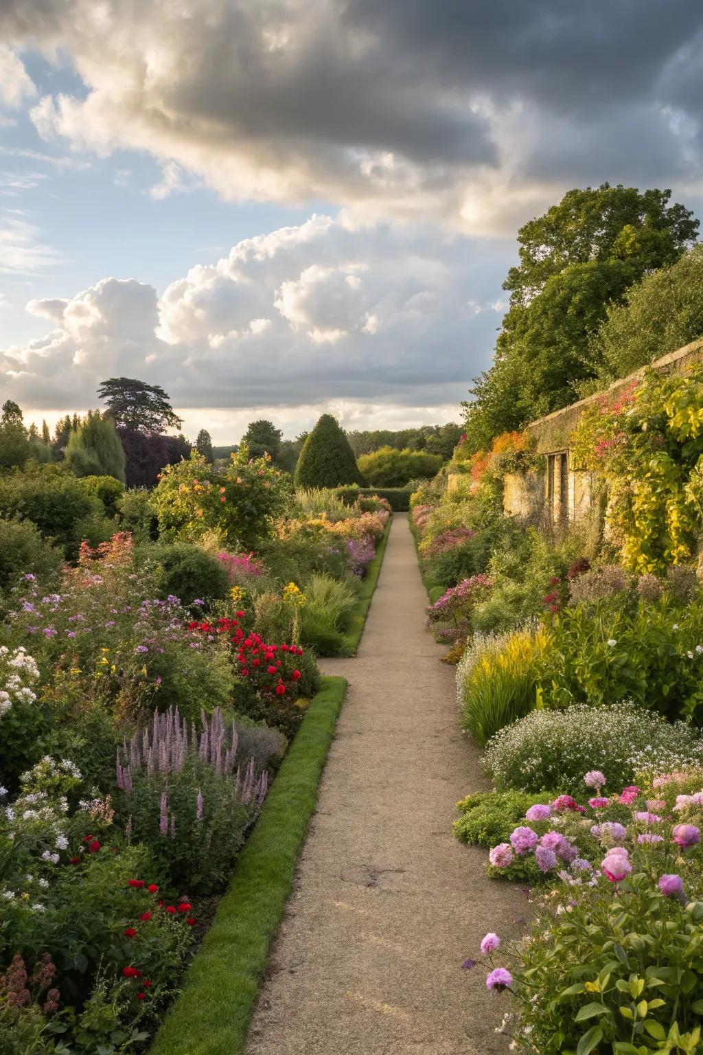 Fragrant herbaceous borders add softness to garden paths.