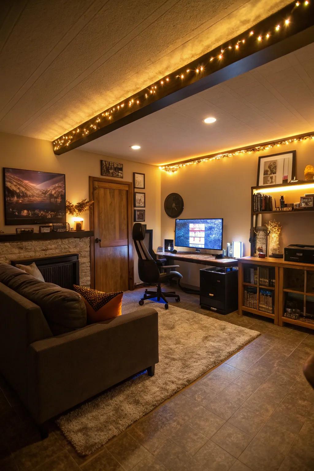 Layered lighting adds depth and flexibility to this man cave.