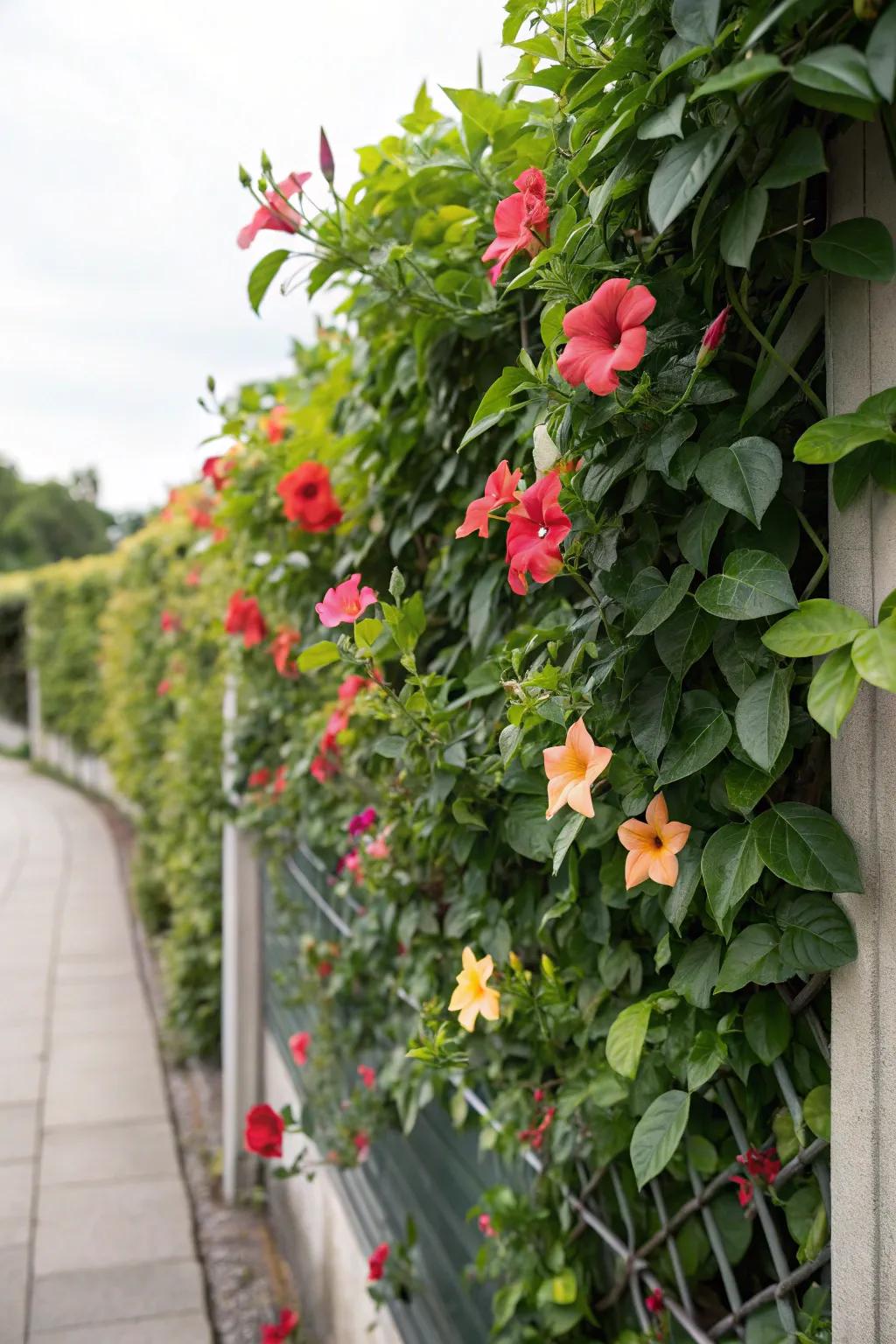 A vertical garden trellis with mandevilla maximizes space and adds lush beauty.