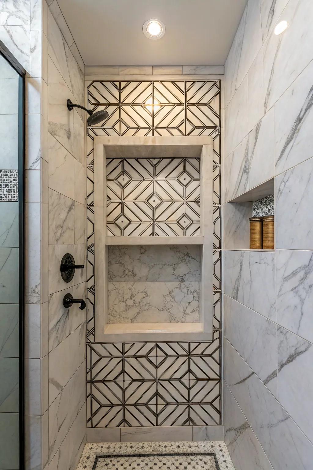 Geometric shapes add a modern edge to marble niches.