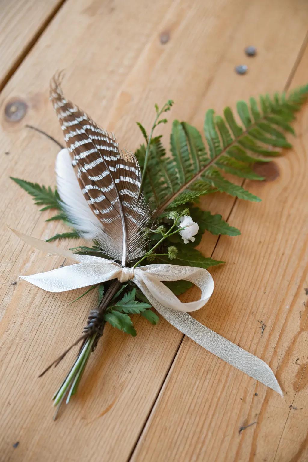 Feather and fern boutonnieres offer natural elegance.