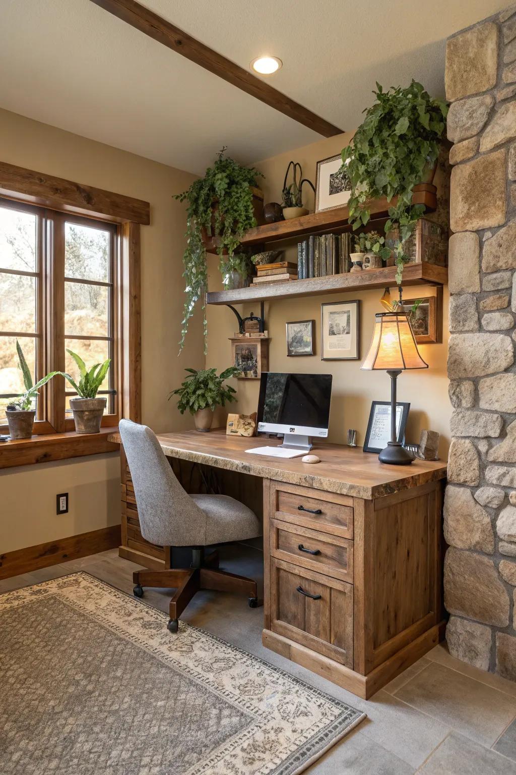 Natural materials bring warmth and texture to this office space.