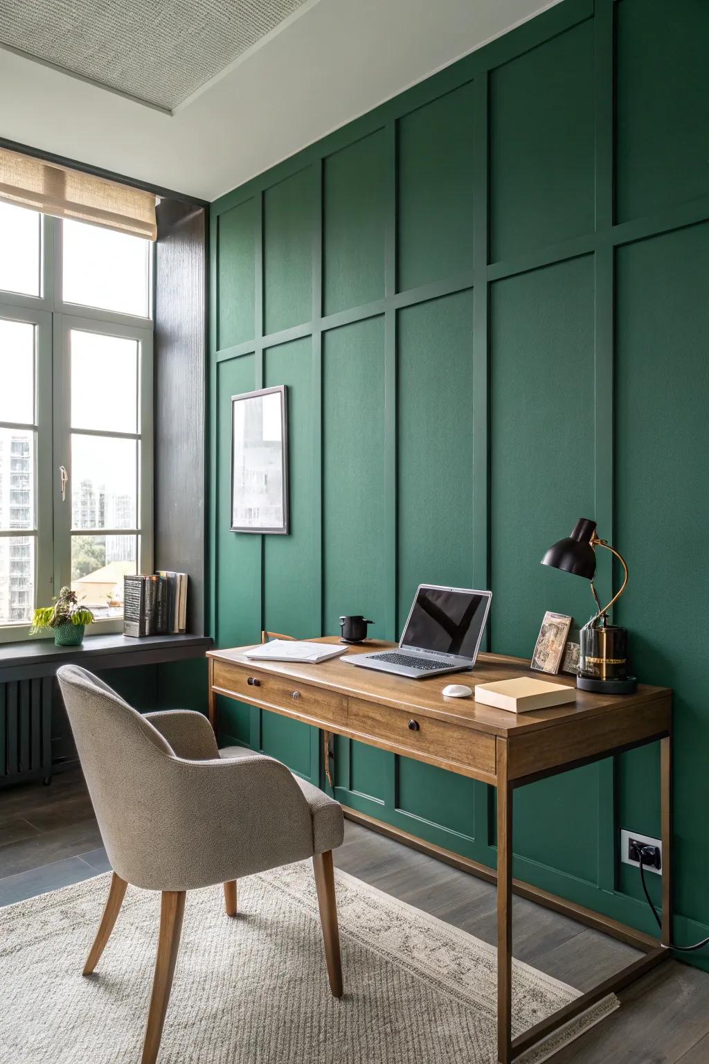 A deep green accent wall adds depth and character to the office.