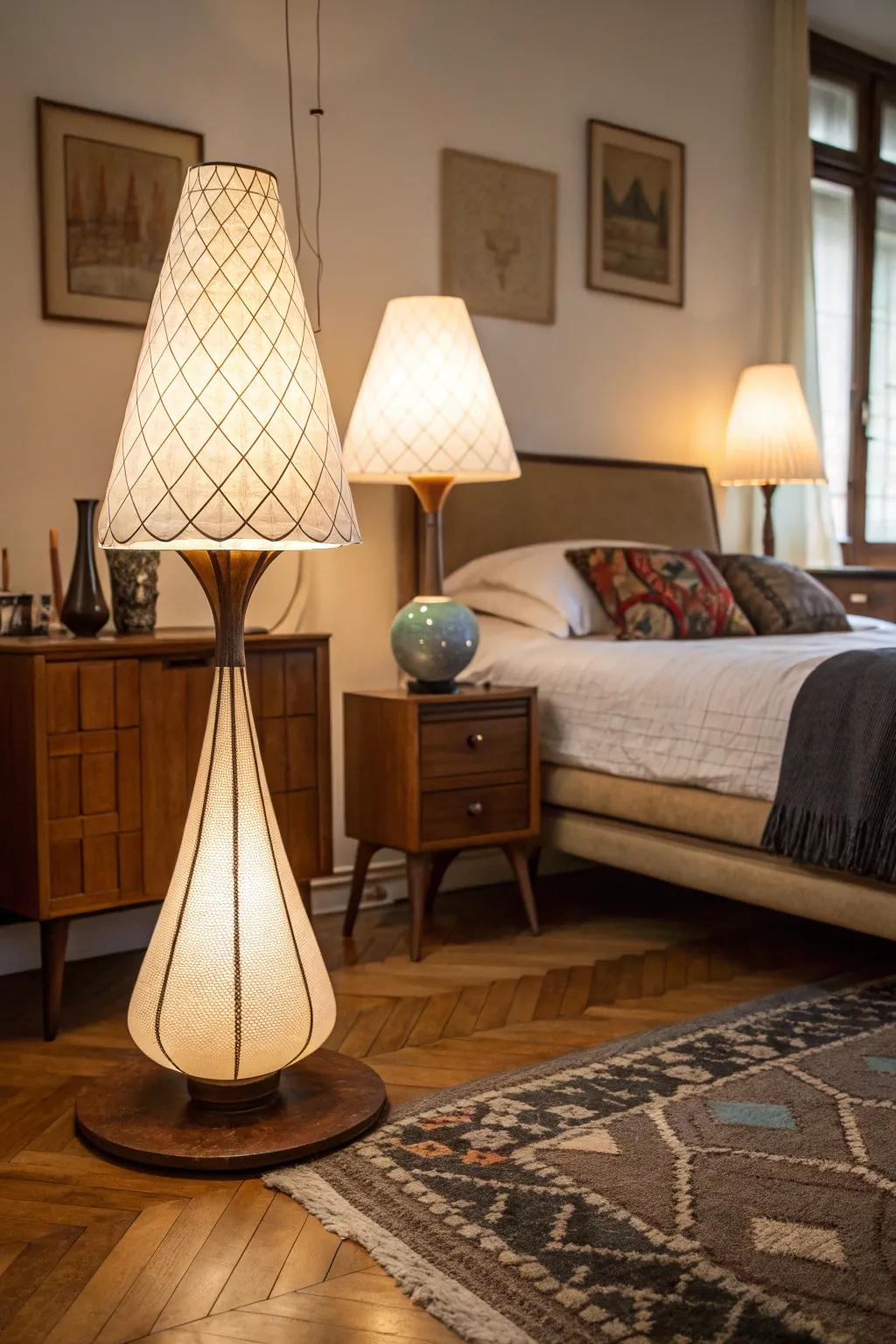 Symmetrical cone and globe lamps illuminate this mid-century modern bedroom with style.