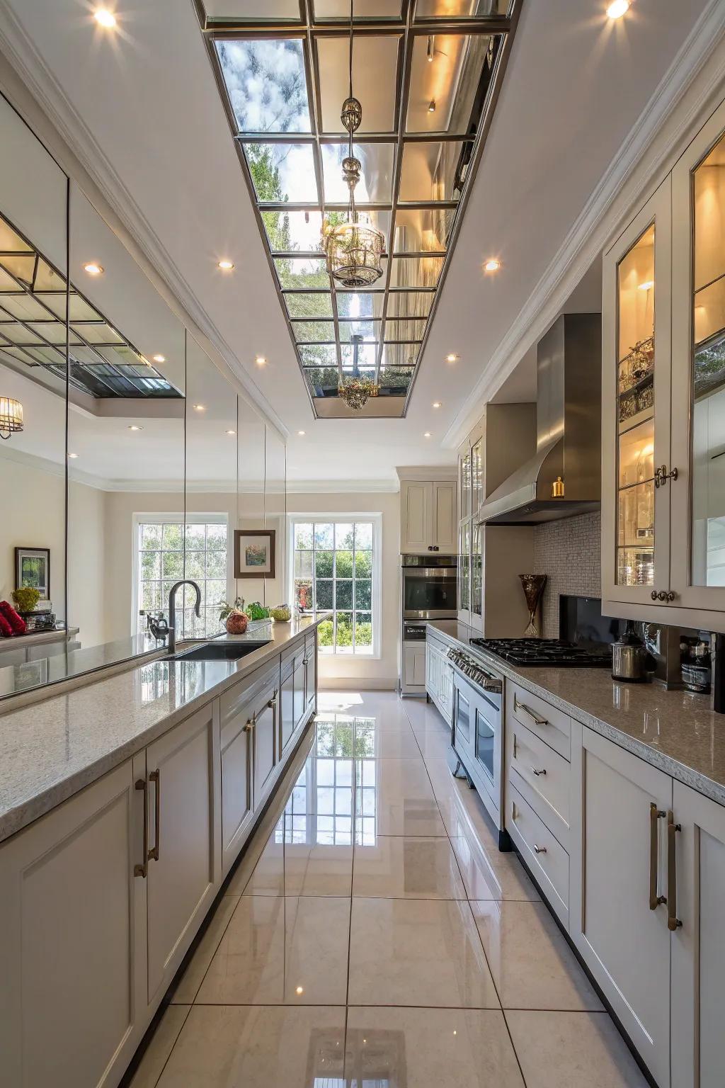 Mirrors on the ceiling reflecting light and creating an airy atmosphere.