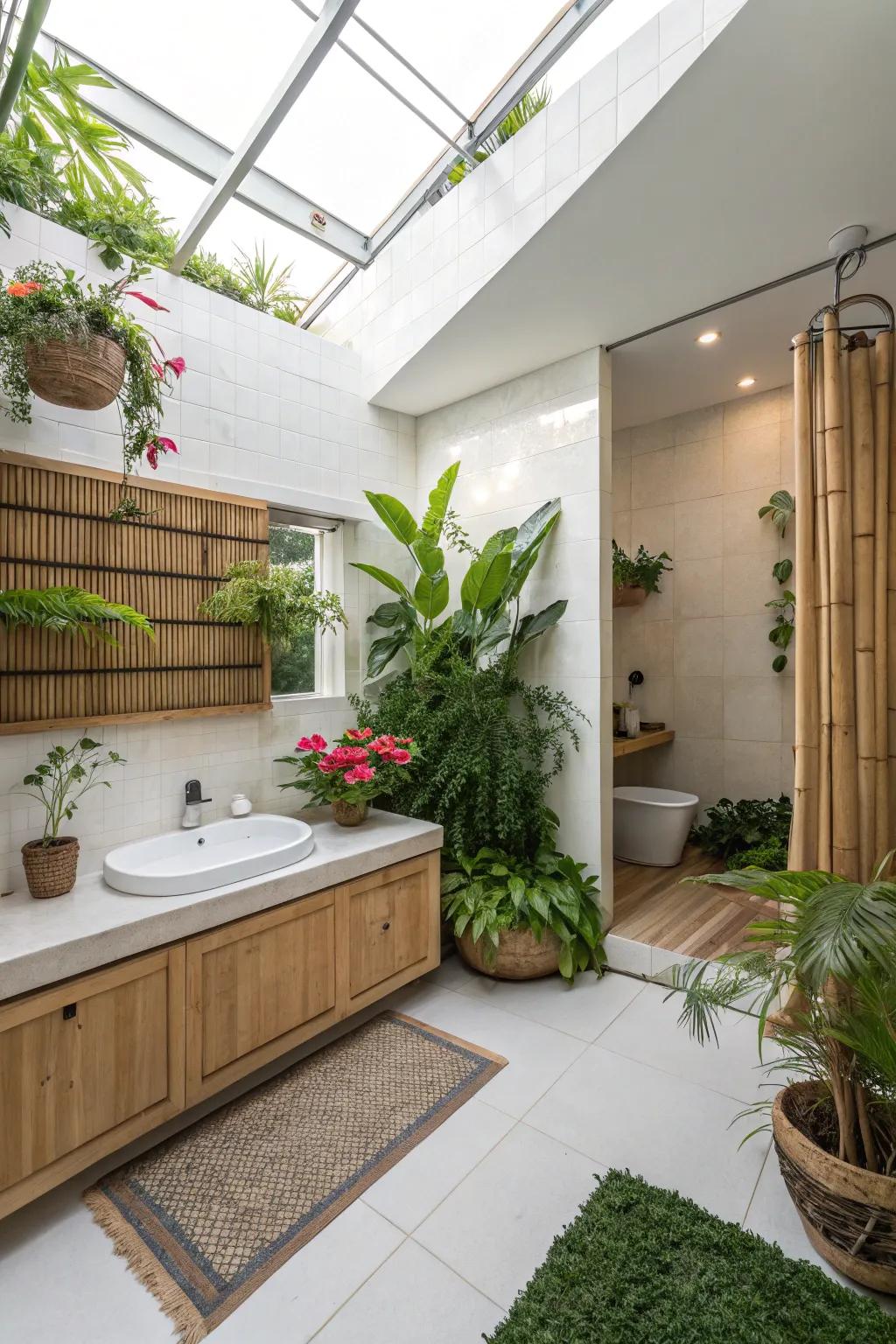 Plants add a refreshing touch to this modern bathroom.