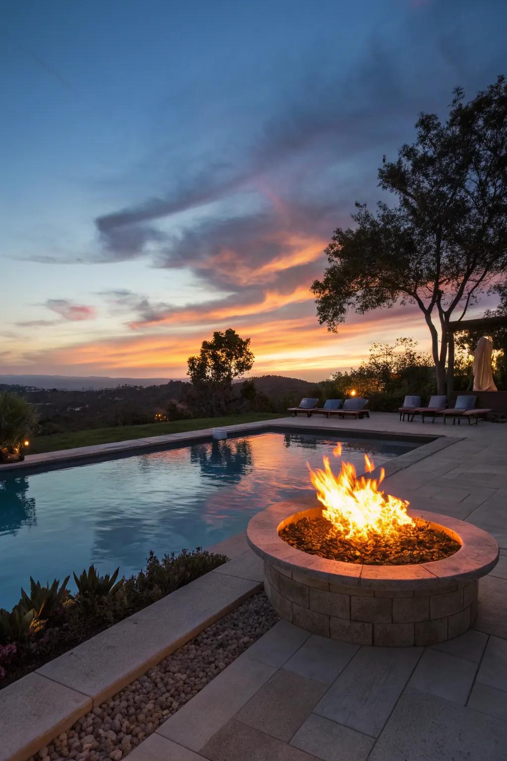 A fire pit adds warmth and ambiance.