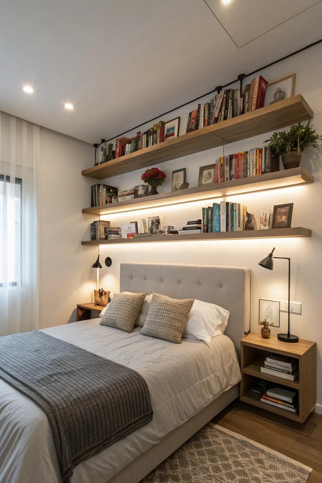 Floating shelves offer style and functionality to your bed wall.