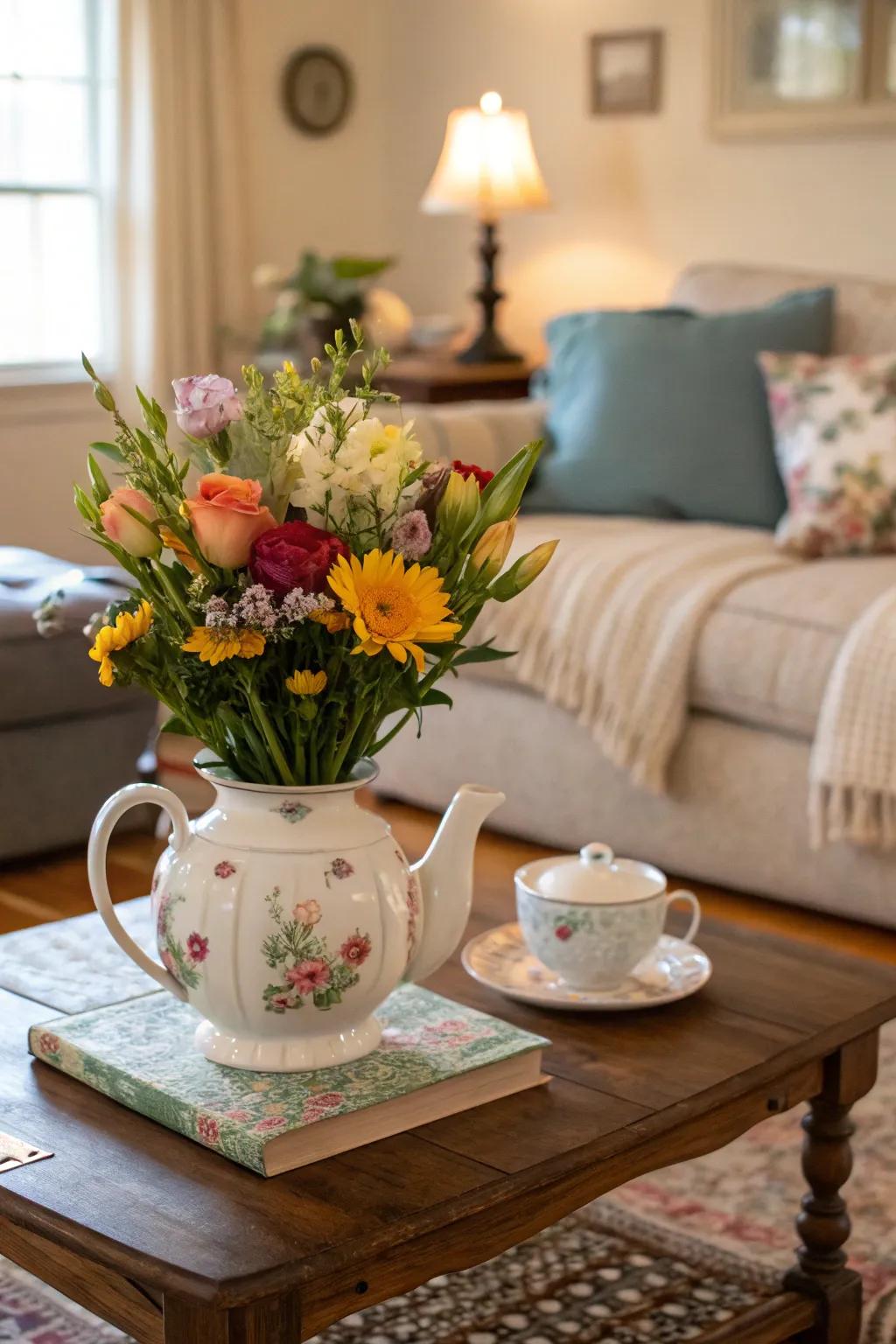 A vintage teapot used as a unique flower vessel.