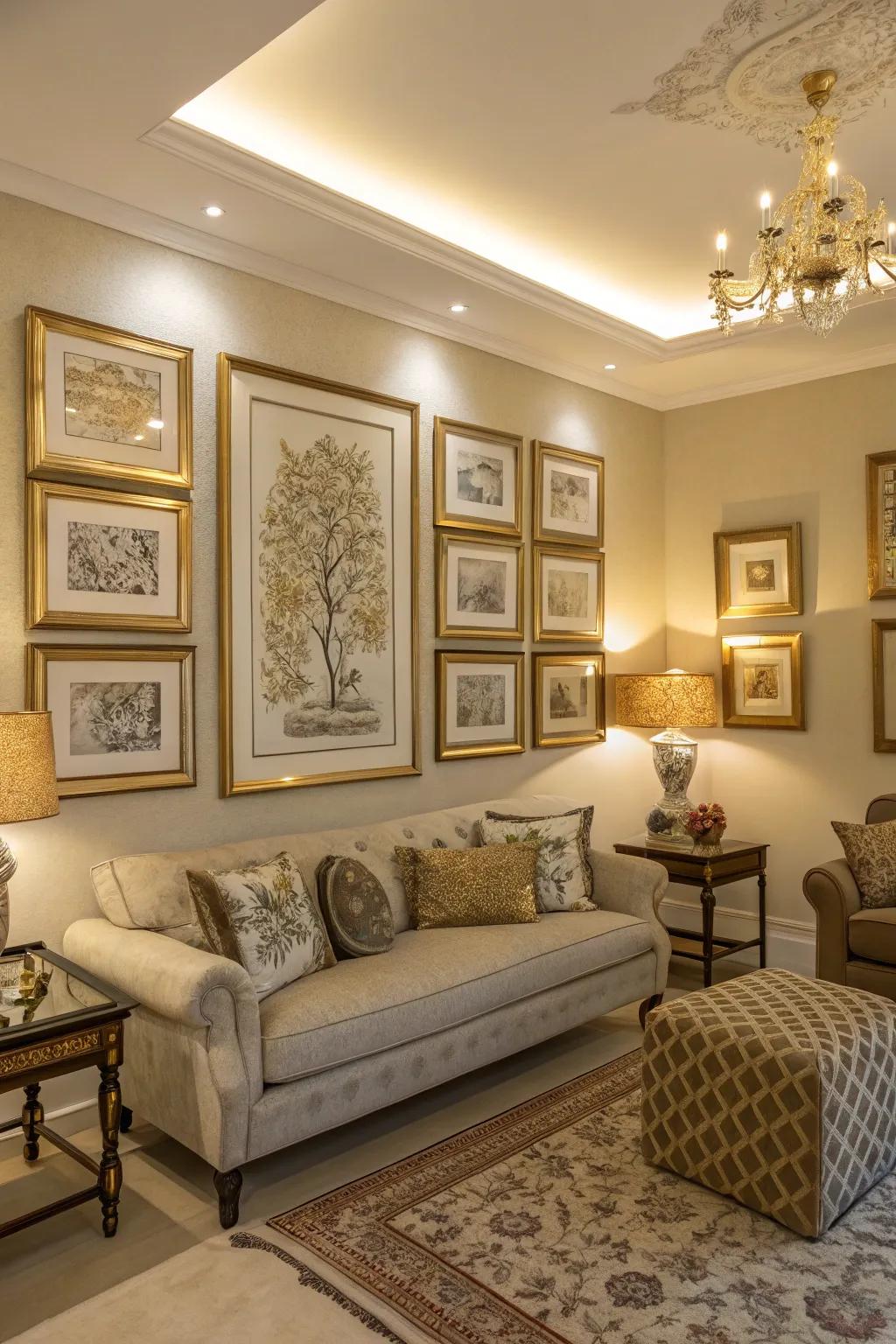 Gold and silver frames add an elegant touch to displayed art.