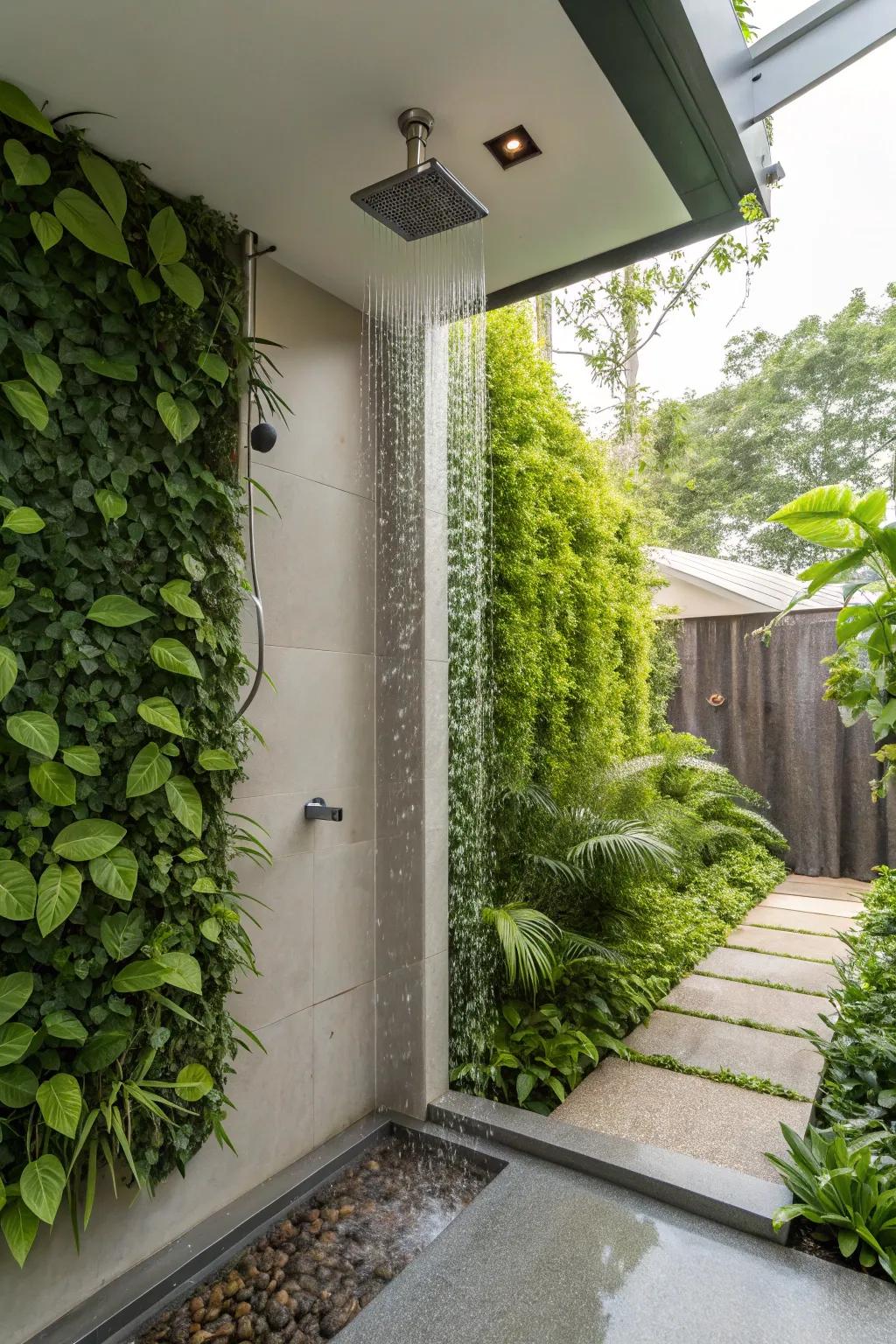 A lush shower space featuring an innovative vertical garden.