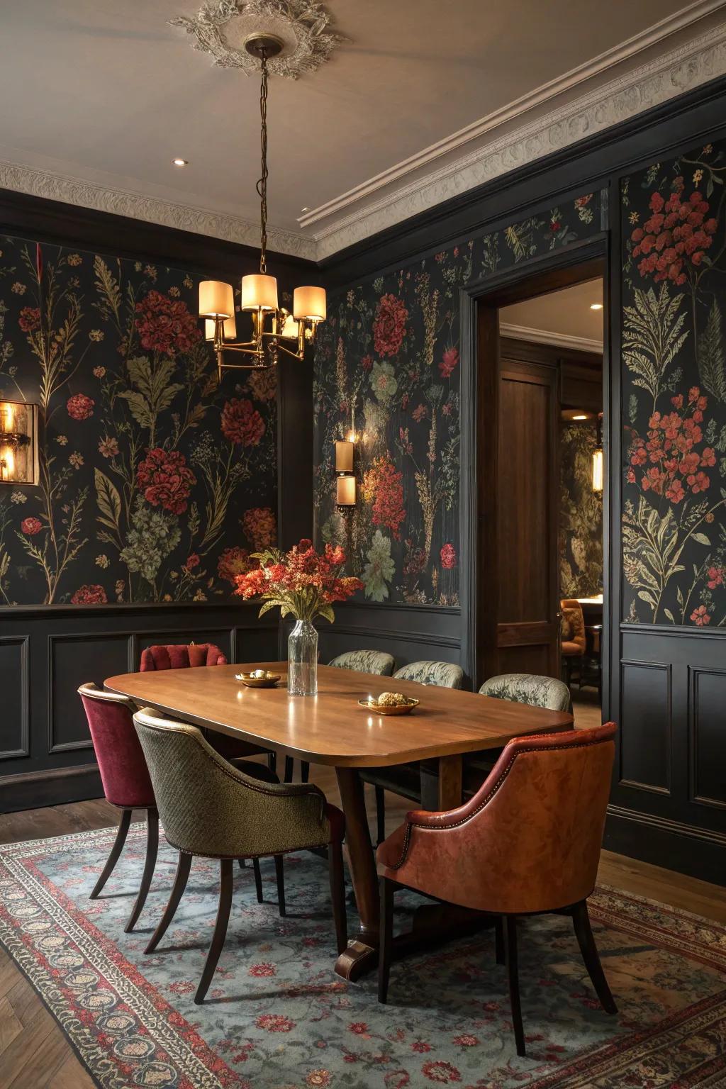 Rich wallpapers add drama and a touch of luxury.