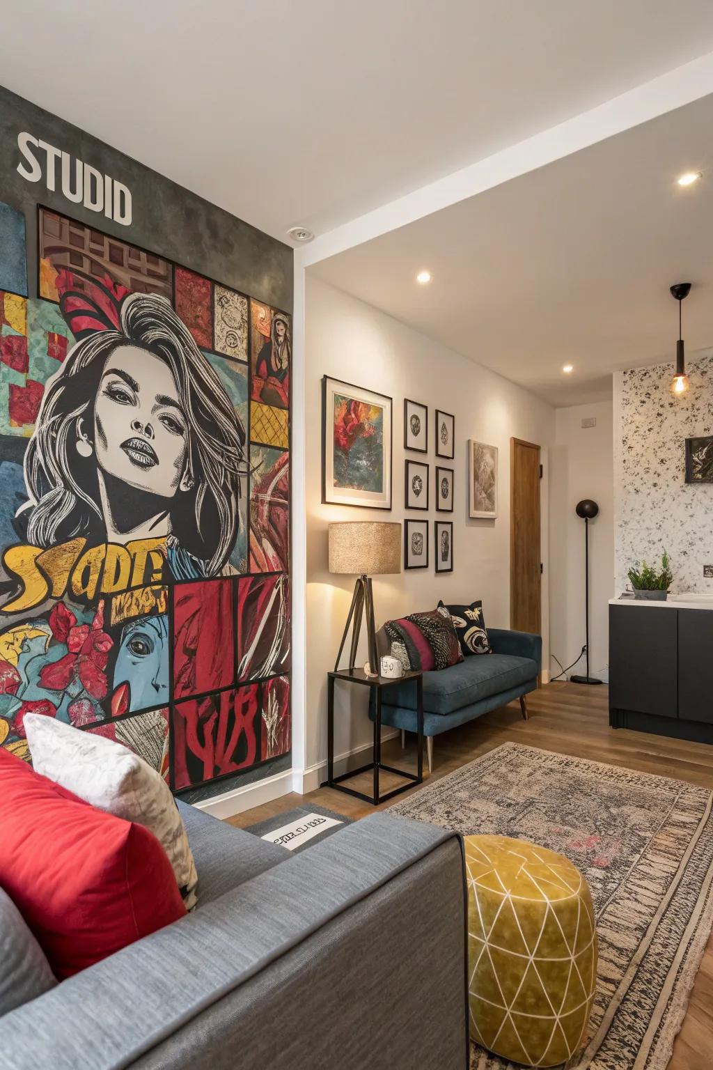 A studio apartment with a bold artistic wall that serves as a captivating focal point.