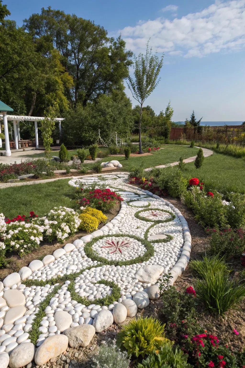 A garden showcasing creative designs made with white rocks, transforming the landscape into art.