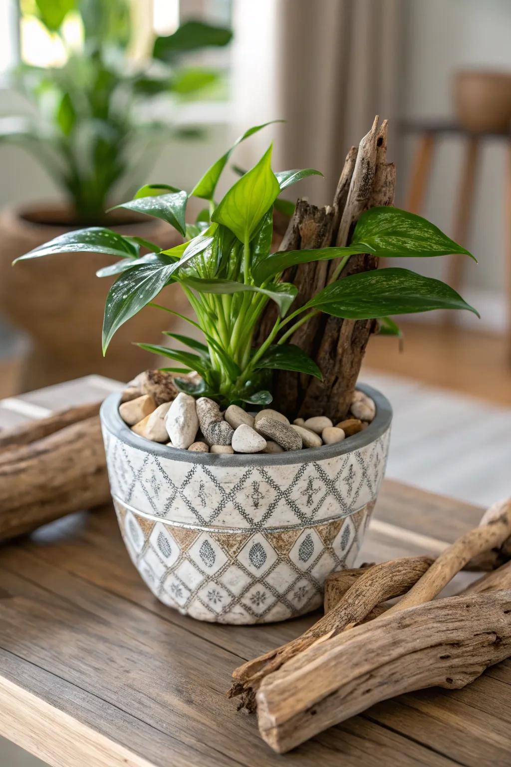 A nature-inspired flower pot with earthy elements.