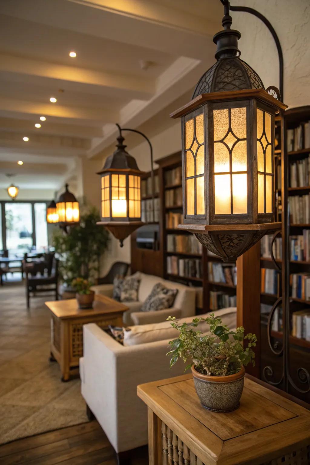 A cozy atmosphere with lantern-style lighting.