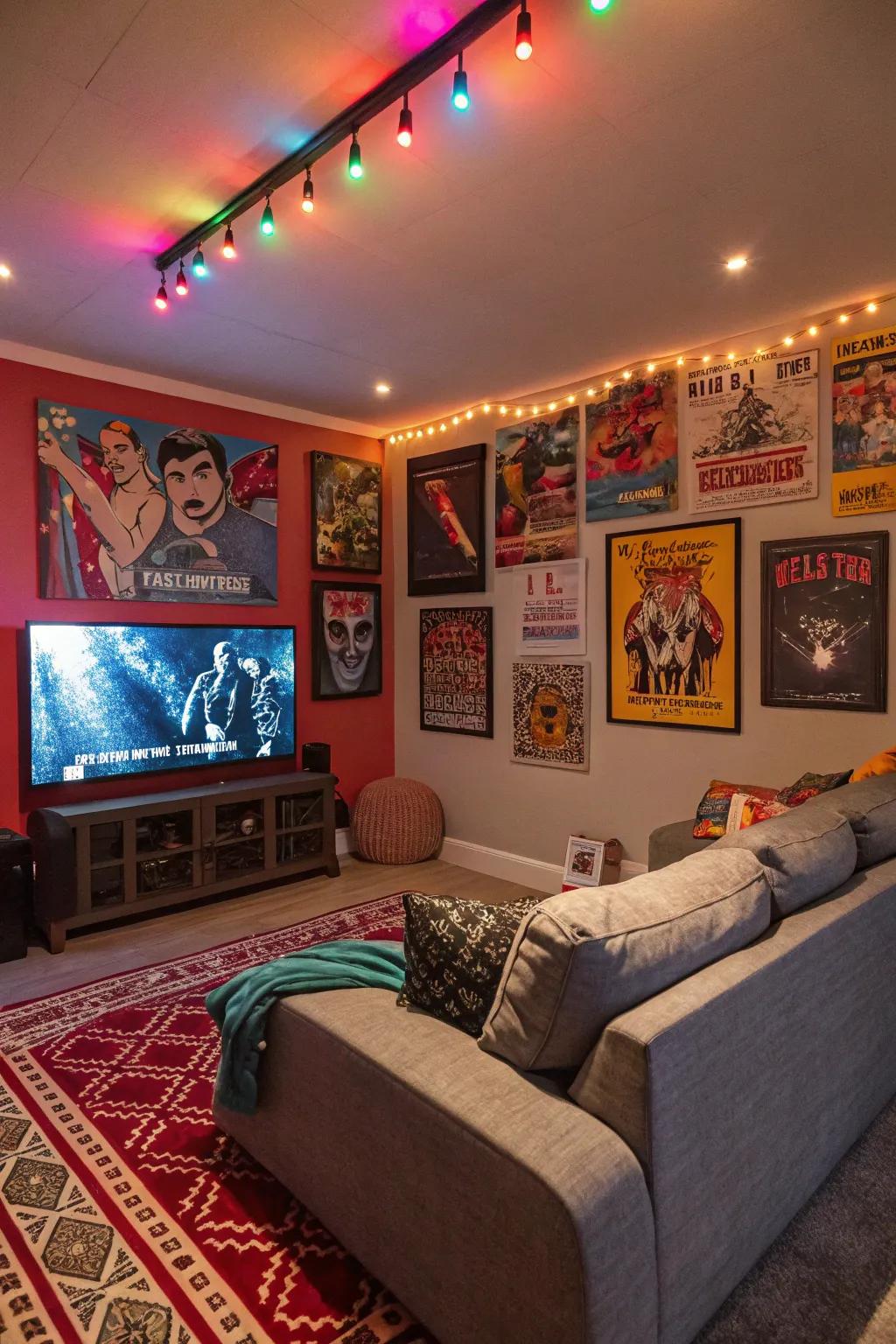 A den featuring pop art movie-themed artwork.