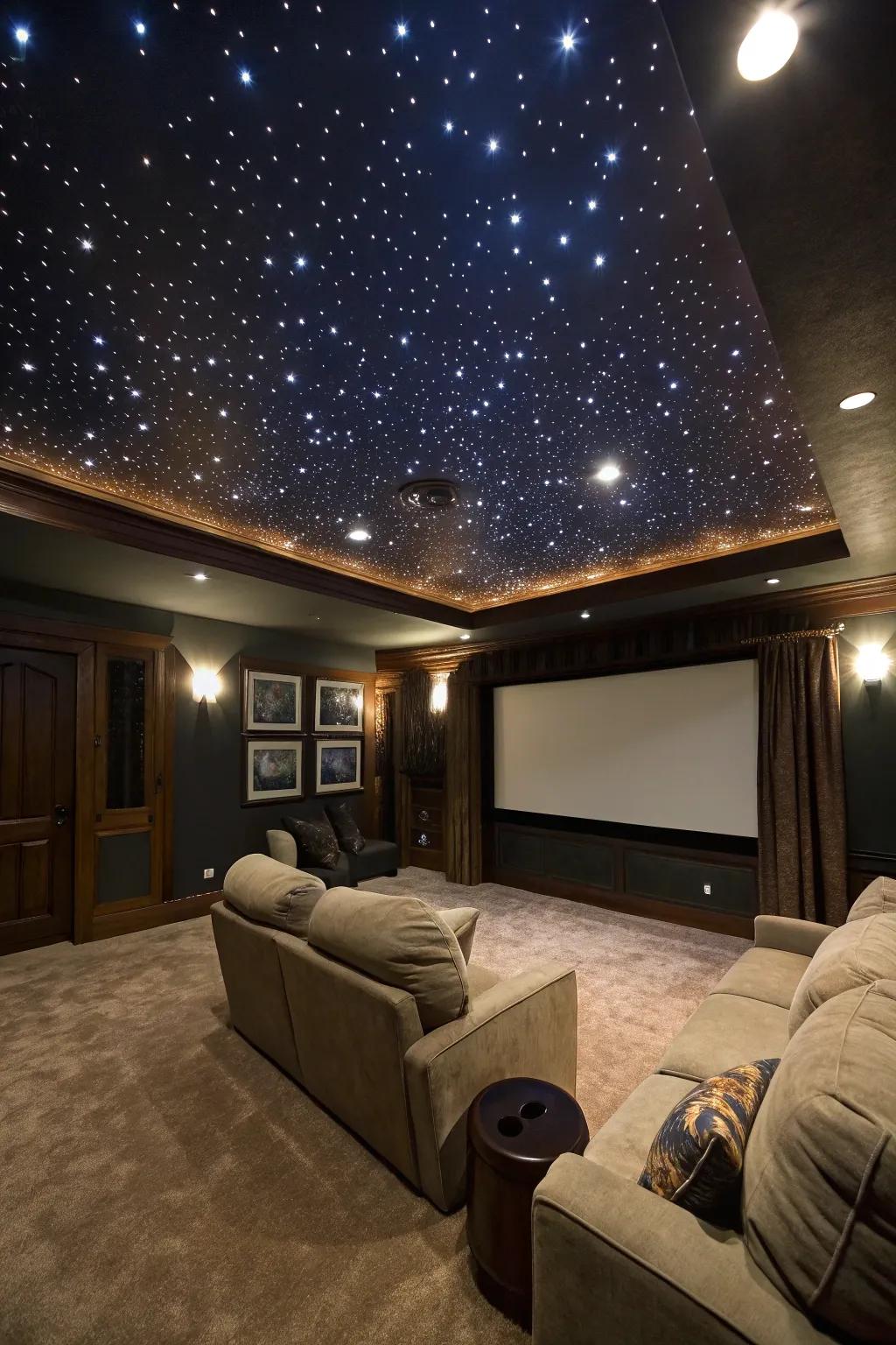 Bring a touch of magic to your movie room with a faux star ceiling.