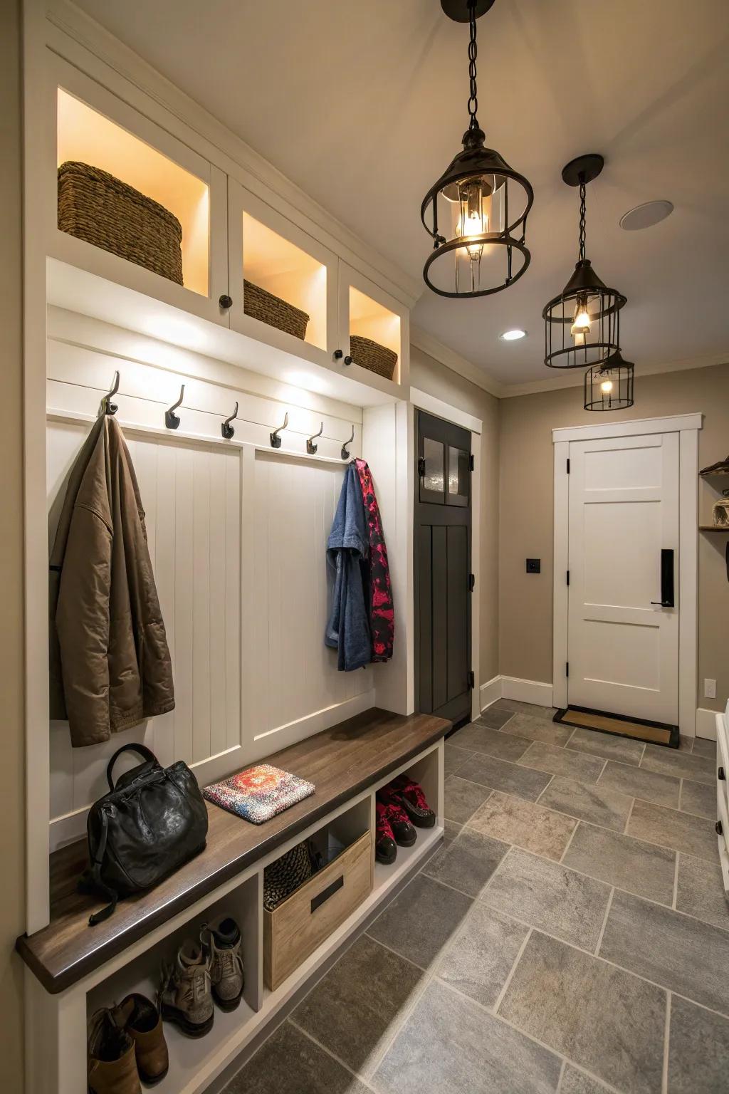 Smart lighting enhances functionality and mood in the mudroom.