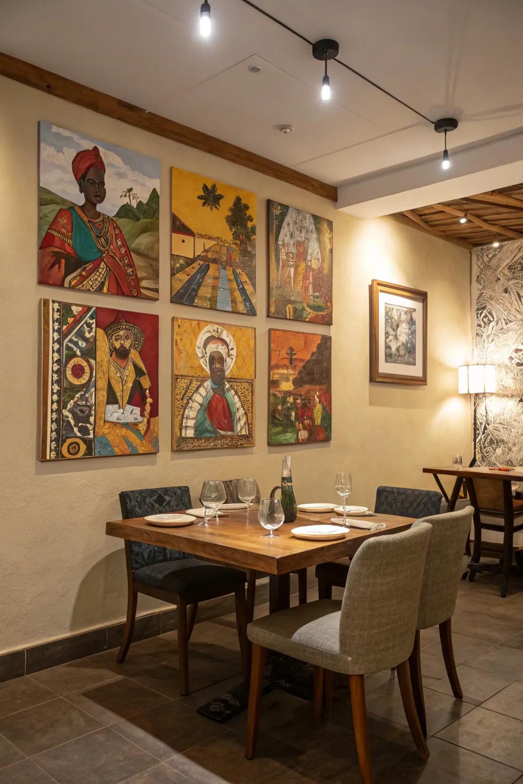 A cultural collage of global motifs on multiple canvases, sparking conversation in the dining room.