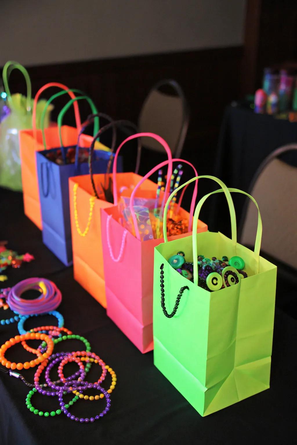 Neon party favor bags filled with glow-in-the-dark goodies, keeping the party spirit alive.