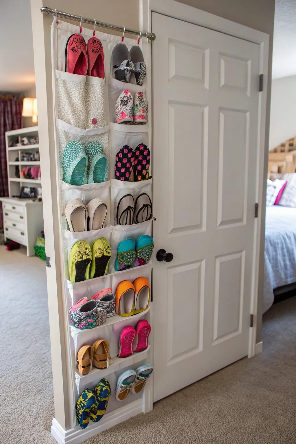 Over-the-door organizers maximize space efficiency.