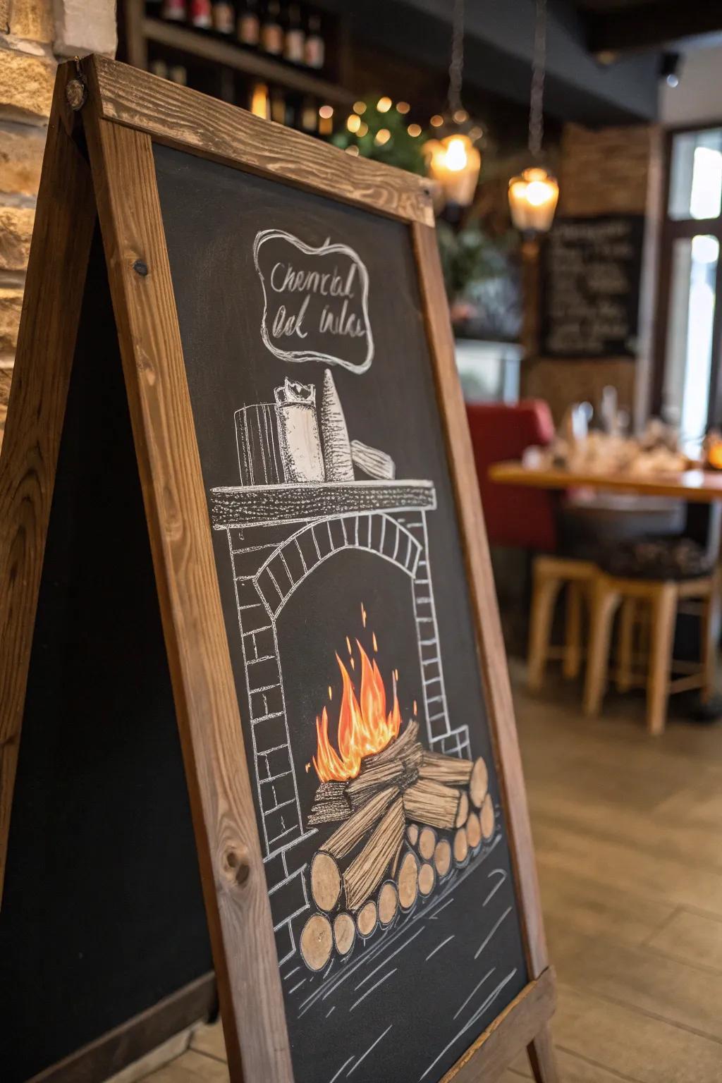 A cozy fireplace chalkboard scene that invites warmth and relaxation.