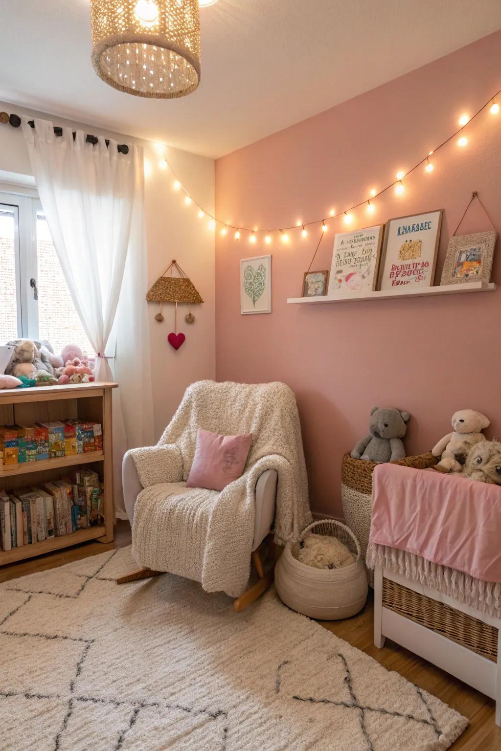 A warm and comforting nursery with plaster pink walls.