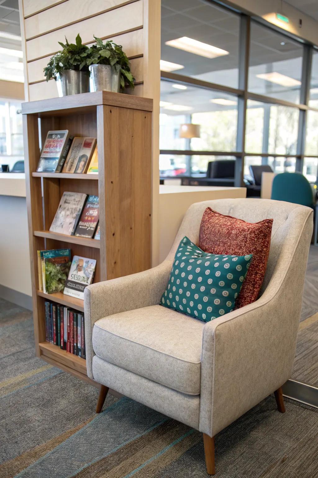 A reading nook offers a tranquil escape for unwinding and inspiration.