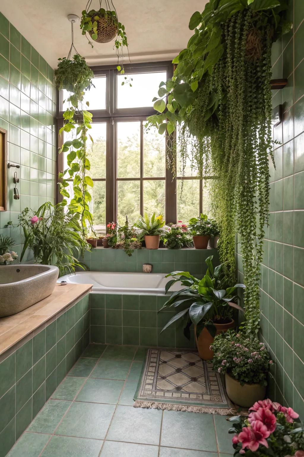 A spa-like bathroom with botanical-inspired olive green tiles.