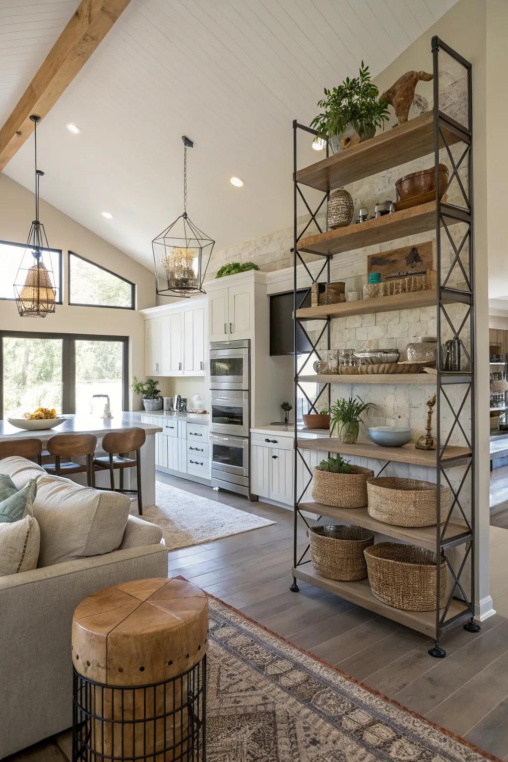 Vertical space is maximized with tall shelves and hanging elements.