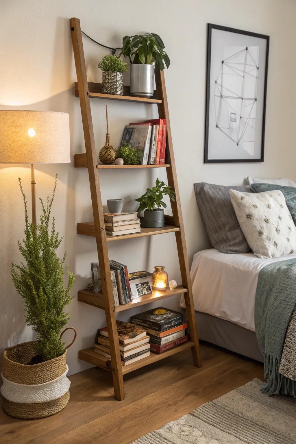 Ladder shelves offer vertical storage with flair.